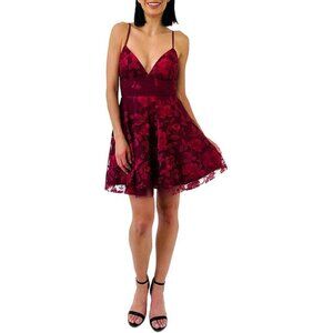 New TRIXXI Embroidered Floral Fit & Flare Mini Dress Burgundy sz 15